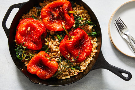 Whole roasted red peppers are a vibrant meatless main, and tender lettuces are tossed in an onion-dip dressing.