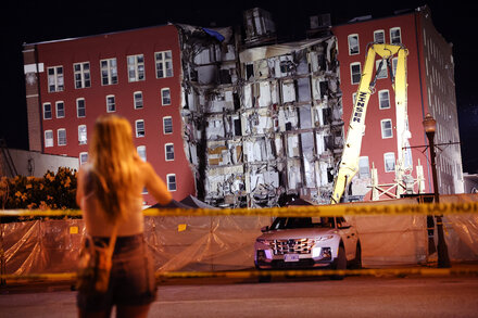 Moves to swiftly demolish the stricken building last week were halted by protests because three occupants were unaccounted for. Their bodies were uncovered in the rubble.