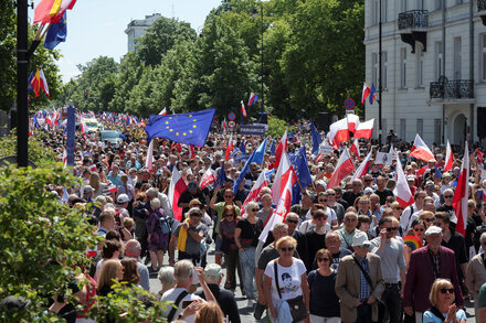 Supporters and members of opposition parties protested against the conservative Law and Justice party in Poland’s largest antigovernment gathering in years.