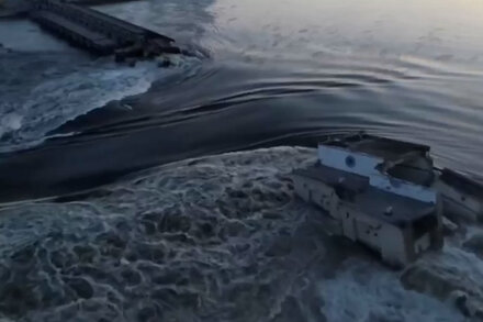 Video verified by The New York Times shows a significant volume of water flowing freely through a destroyed dam and power plant in Nova Kakhovka, Ukraine, posing a threat to communities and infrastructure along the waterway.