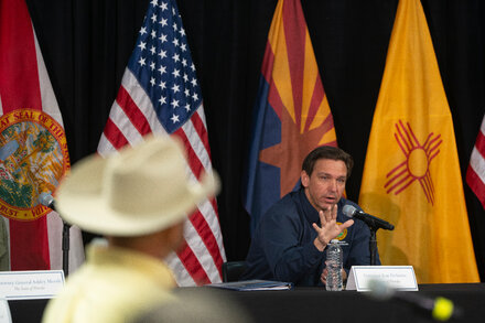 Gov. Ron DeSantis of Florida criticized California’s immigration policies in his first visit to the border since beginning his presidential bid.