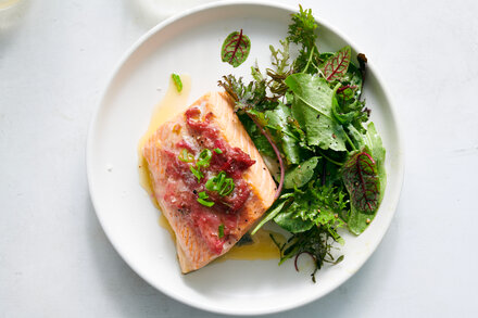 Paired with red rhubarb, this brilliantly pink fillets are on the table in 25 minutes.