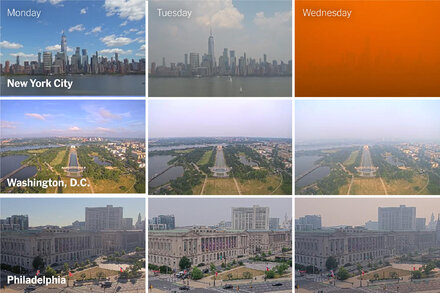 Imagery from EarthCam shows how smoke from hundreds of wildfires in Canada enveloped cities in the Northeast and Midwest.